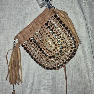 Rue21 Tan Fringe Studded Crossbody Bag with Crystal Accents Y2K